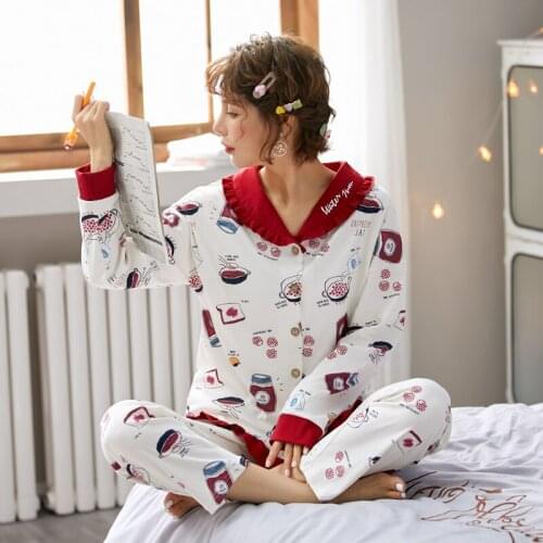 Spring And Autumn Women long Sleeve Pajamas Sets Cute Ladies Sleepwear 2pcs Simple 100% Cotton Pyjamas Women