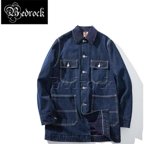 MBBCAR retro railroad tooling jacket long Ami khaki washed water Red Line Denim fabric thick coat lamb cashmere lining 3007