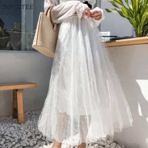 Skirts Women Elegant Mid-calf Mesh Loose Elastic High Waist Prevalent Summer Casual All-match Plus Size 3XL Stylish Lady Ulzzang