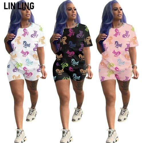 LINLING Sexy Pink Letter Printed Cotton Short Sleeve T-shirt with Straight Shorts Womens Simple Casual Suit