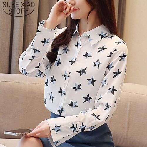 Autumn 2021 New White Chiffon Shirt Printed Long Sleeve Women Blouse Office Lady Regular Turn-down Collar Women Tops 5494 50