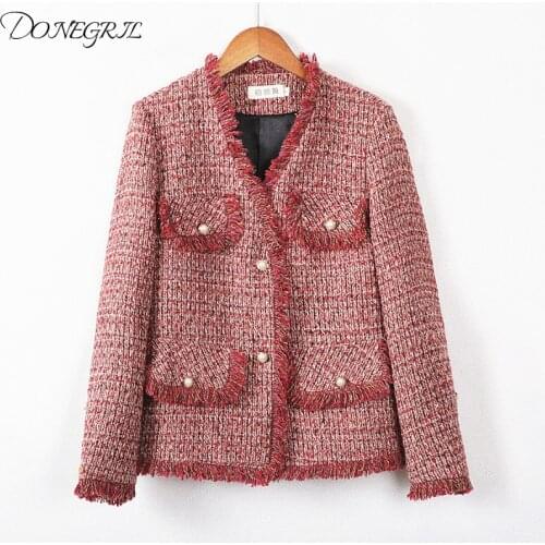 2020 New Spring Women Tweed Jackets New Brand Ladies Blends Wool Tassel Long Sleeve Red Single Breasted V Neck Fringe Coats