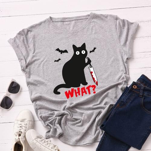 Women Short Sleeve Cotton T-Shirts Graphic Tees Summer Tee Tops for Female Loose Casual Oversized Tee Clothes Black Cat What