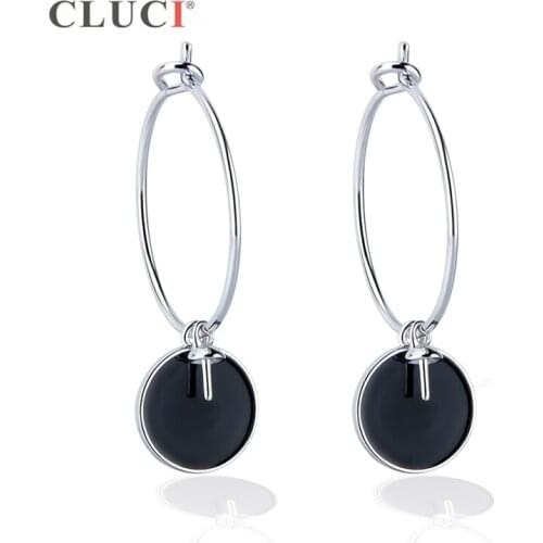 CLUCI 925 Sterling Silver Black Earrings for Women Pearl Mounting for Jewelry Making Silver 925 Round Hoop Earrings SE099SB