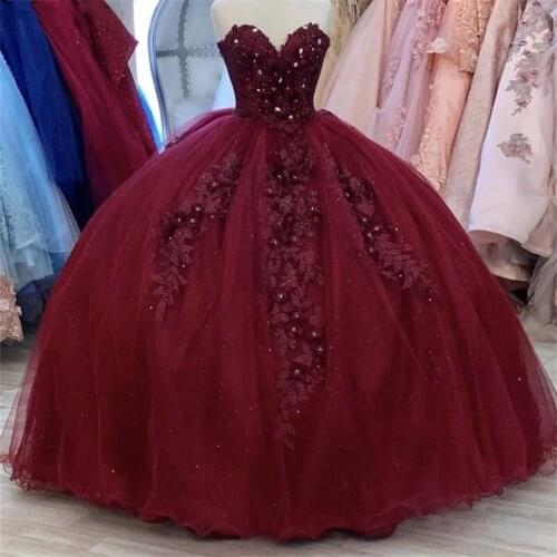Burgundy Quinceanera Dresses with Sequins Applique Off the Shoulder Sweet 16 Dress vestido de 15 anos 2021 Ball Prom Gowns