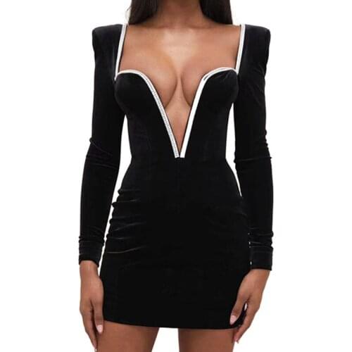 2021 New Black Long Sleeves Beading Bandage Dress Elegant Sexy Deep V Celebrity Party Night Club Bodycon Dress Vintage Vestios