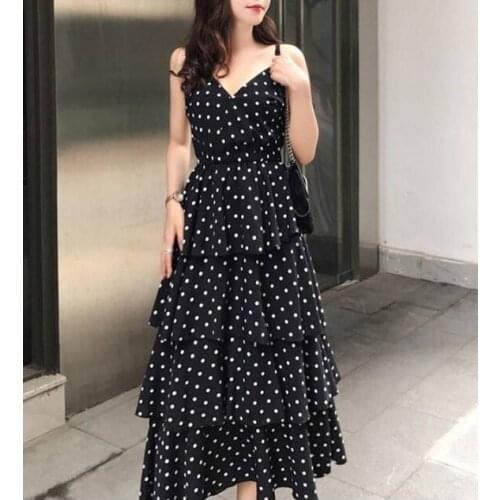 Polka Dot Halter Cake 2021 Spring and Summer New Slim Suspender V-neck Chiffon Dress Female S-XL