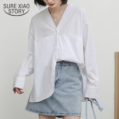 2021 Spring New Korean Loose Long Sleeve Shirt Simple Solid Cotton V-neck Niche Shirt Women White Blouse Blue Blusas Chic 12600