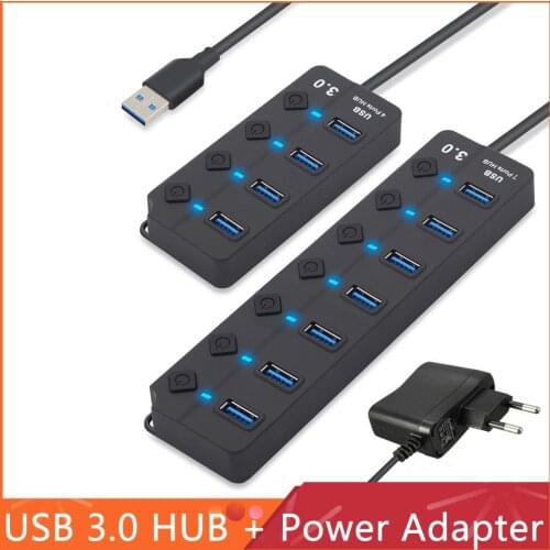 4/7 Port USB 3.0 Hub High Speed External USB Splitter Expander On/Off Switch with Power Adapter For Laptop PC