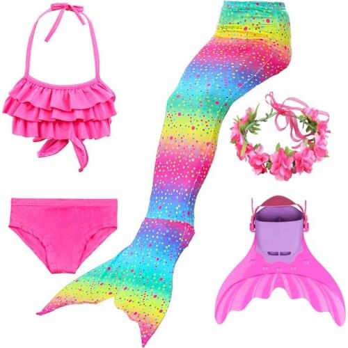 5PCS Kids Mermaid Tails Swimwear with Monofin Rainbow Mermaid Swimming Tail Girls Summer Beach Wear Swimsuits Cosplay Costumes
