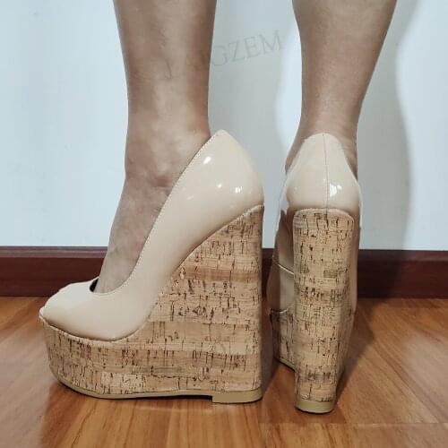 BERZIMER Women Heels Peep Toe Platform Wedges Pumps Nude Summer Sandals Talon Femme Party Shoes Woman Large Size 44 46 47 50 52