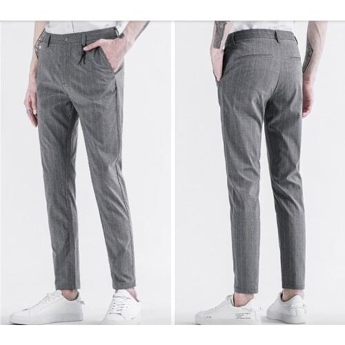 Obrix Smart Casual Male Office Pants Striped Business Work Formal Pants Mid Waist Gentleman Pants For Men