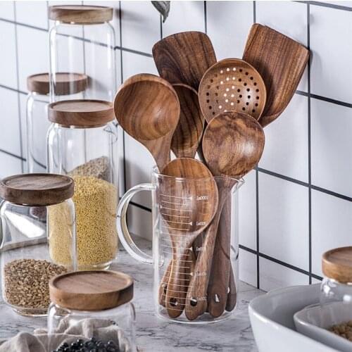 Natural Teak Wooden Cooking Utensils Spatula Non-stick Kitchenware Large Soup Spoon Rice Colander Skimmer Cooking Spoons