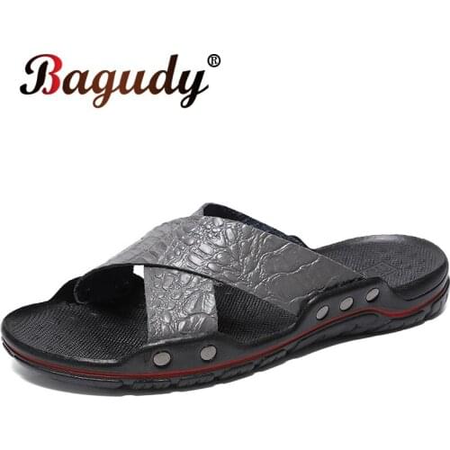 Classic Fashion Genuine Leather Mens Slippers Summer Breathable Men Beach Sandals Non-slip Comfortable Man Casual Flat Slippers