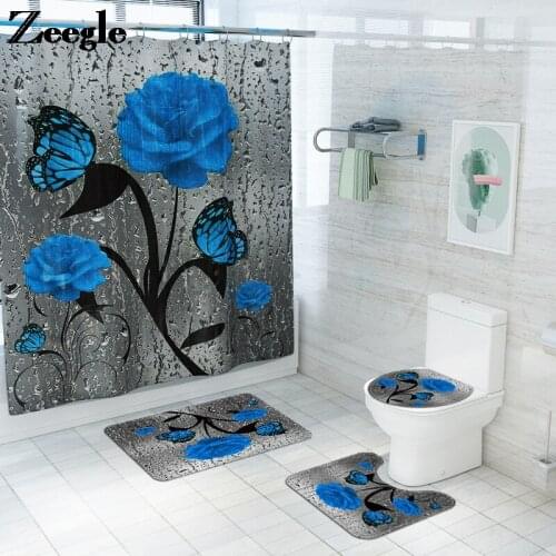 Flower Printed Bath Mat Shower Curtain Microfiber Bathroom Carpet Set Anti Slip Mats for Bathroom Water Absorbent Rug Suit