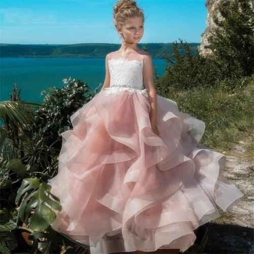 Cute Flower Girl Dresses For Wedding Blush Pink First Communion Gowns For Girls Ball Gown Cloud Beaded Pageant Gowns
