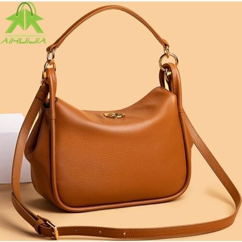 Fashion Womens Genuine Leather Pillow Shape Shoulder Bags Luxury Design Messenger Bag 2021 New Solid Color Travel Women Handbag