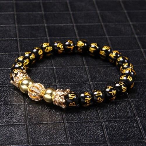 Trendy Micro Pave CZ Crown Charm Bracelet Men Natural Onyx Beads Bracelet Six Word Proverbs Lucky Wealth Bracelet Jewelry Gifts