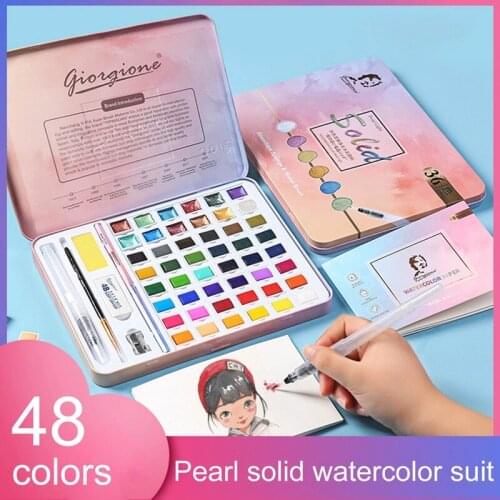 Pearlescent 36/48Color Solid Watercolor Paint Set Portable Metal Box With WaterColor Brush School Kids Professional Art Supplies