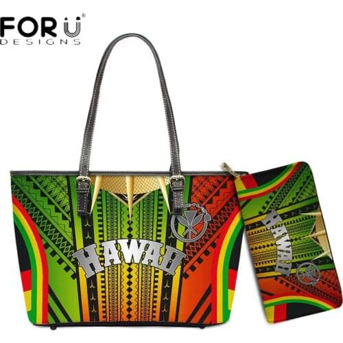FORUDESIGNS New Arrival Fashion 2pcs Women Handbag And Purse Set Hawaii Tribal Polynesian Pattern Print PU Leather Shoulder Sac