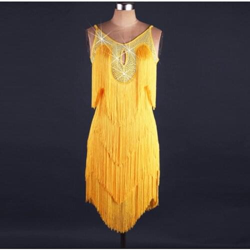 New Yellow Sexy Latin Dance Dresses Womens Performance Spandex Organza Tassel Sleeveless Natural Dress