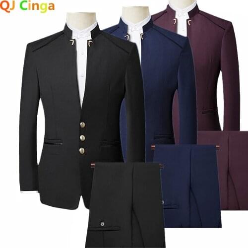 Autumn New Black Mens Two Piece Set ( Jacket + Pant ) Fashion Blazers And Trousers Navy Wine Red Male Suits 5xl