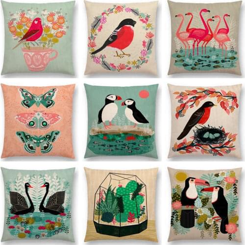Birds and Flowers Teacup European Goldfinch Robins Swans Flamingos Lepidoptera Cactus Cushion Cover Decor Sofa Throw Pillow Case