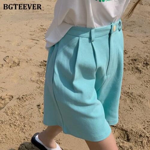 BGTEEVER Stylish Chic Half Pants Women High Waist Pockets Loose Female Shorts 2021 Summer Straight Ladies Shorts