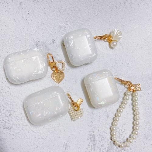 Cute Dream White Shell Pattern Soft Earphone Case For AirPods Pro 3 Headset Cover for AirPods 2/1 With Luxury Pearl Keychain