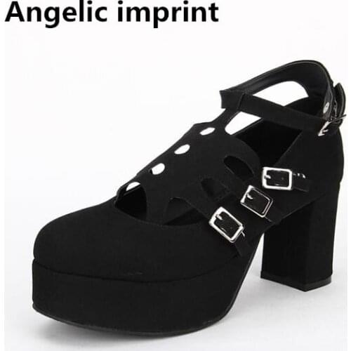 Angelic imprint woman mori girl lolita cosplay shoes lady high heels pumps women princess dress party shoes cut-outs buckle 45