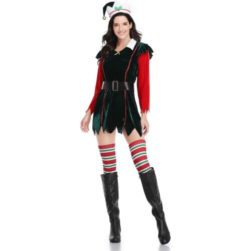 Adult Velvet Lovers Green Spirit of Christmas Elves Costumes For Woman Christmas Party Cosplay