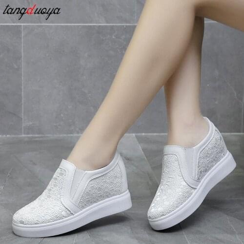 New Flock Increasing Shoes High Heels Lady Casual white Women Sneakers Leisure Platform Shoes Slip-On Breathable Height Sneakers
