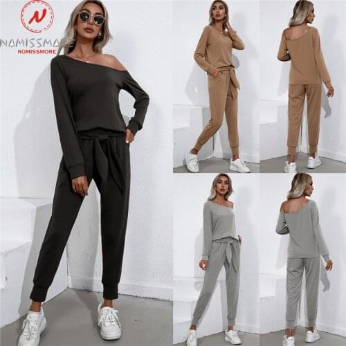 Women Casual Solid 2 Piece Outfits Bandage Decor Pockets Decor Oblique Shoulder Long Sleeve Top+Elastic Waist Slim Pencil Pants