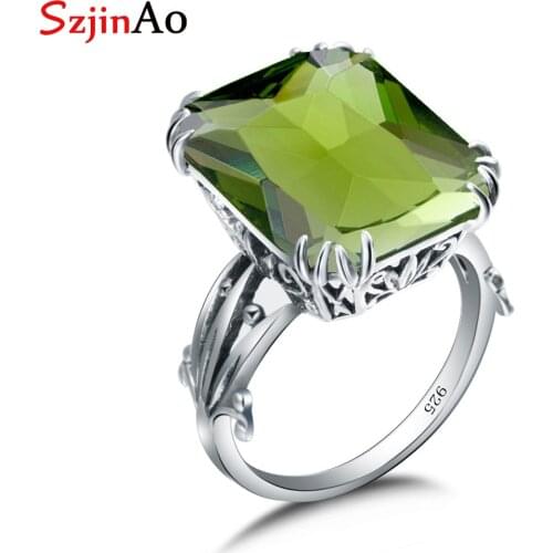 SzjinAo Real 925 sterling Silver Ring indian jewelry Flower vine Prong Setting Gem Fashion accessories Peridot Rings for Women