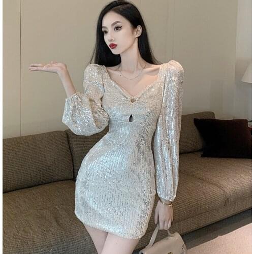 2021 Spring New Sexy Women V neck sequin dress long sleeve fashion design puff sleeve sequined dresses