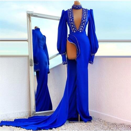 Eightale Blue Evening Dress for Women High Neck Side Split Long Sleeves Sexy Beaded Prom Dress Party dress robe de soiree