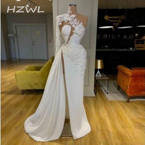 Arabic Dubai Exquisite Lace White Prom Dresses High Neck One Shoulder Long Sleeve Formal Evening Gowns Side Split Party Dress