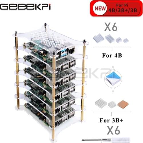GeeekPi 6 Layer Transparent Clear / Dark Brown Acrylic Case with Heatsink Screwdriver for Raspberry Pi 4 B / 3B+ / 3B / 2B