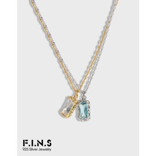 F.I.N.S Luxury S925 Sterling Silver Clavicle Chain Ocean Blue Zircon Square Necklace Pendants Double Layer Choker Chain Necklace