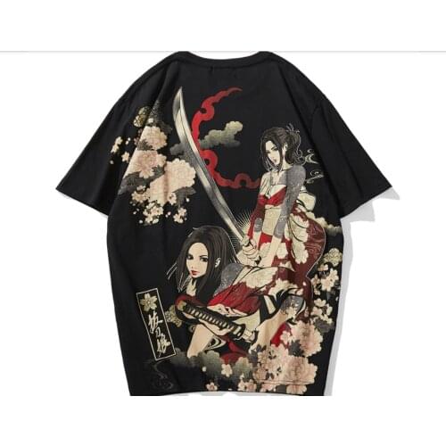 Japanese Beauty Samurai Sword Print Cotton Short Sleeve T-shirt Mens Casual Ukiyo Tattoo Paint T shirts Hip Hop Tops Tees Shirt