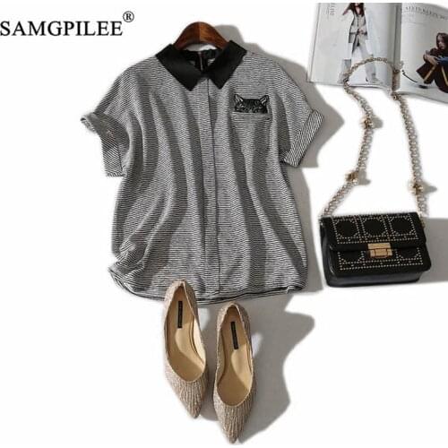 T Shirt For Women 2020 Summer Women Clothing Casual Oversized T Shirt Chiffon Striped Polo Shirt Dress Womens Tops For Woman 4XL