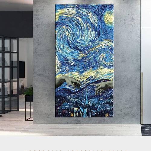 Creation Of Adam on Starry Night Canvas Paintings Van Gogh Famous Artwork Re-creation Posters And Prints Wall Art Pictures