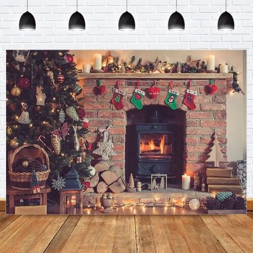 Neoback Christmas Family Party Backdrop Fireplace Bell Candle Christmas Tree Photo Background for Photography Photocall Props