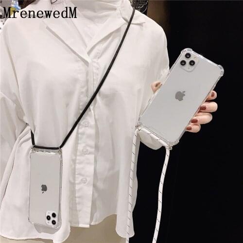 MrenewedM 12 Mini 11 Pro Max Luxury Transparent Silicone Phone Case For iPhone XR Xs Max 6S 7 8 Plus Lanyard Necklace Cord Shell