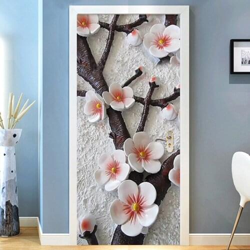 New Modern Plum Blossom 3D Door Sticker PVC Vinyl Self Adhesive Waterproof Wallpaper Porch Painting Wall Mural Door Poster Decal