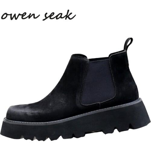 Owen Seak Men Chelsea Boots Genuine Leather High-TOP Ankle Heighten Luxury Trainers Casual High Street Flats Autumn Winter Shoes