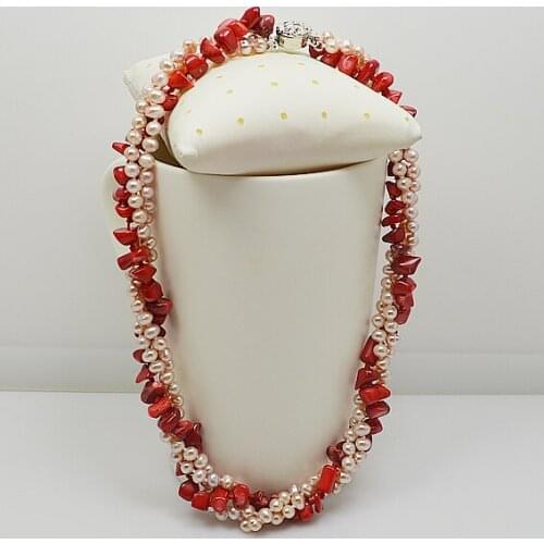 Luck Pearl Jewelry Red Coral Pink Color Genuine Freshwater Pearl Necklace 3rows Charming Women Gift Wedding Birthday Jewelry