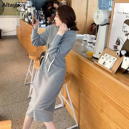 Long Sleeve Dress Women Drawstring Casual Sweet Girls Korean Dresses Loose Chic Newly Gray Hooded Mujer 2020 Thicker Pure Teens