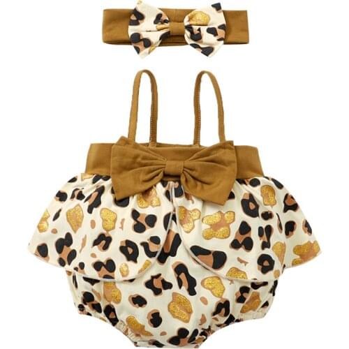 Pudcoco 0-18M 2Pcs Baby Girls Boys Casual Fashion Sleeveless Pullover Summer Leopard Romper Leotard+Bowknot Headwear Outfit
