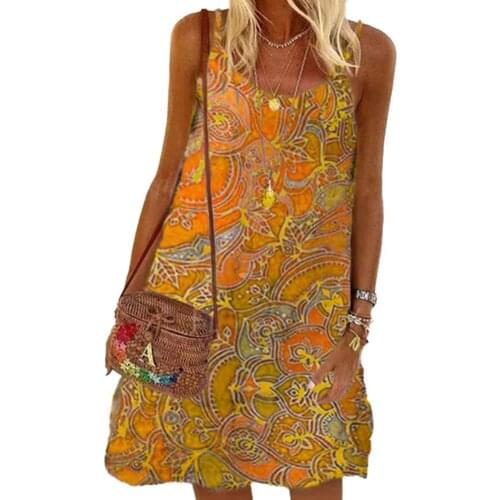 Plus Size Women Vintage Dress Bohemian Apparel O Neck Spaghetti Straps Printed Loose Mini Sling Dress Summer Party Dresses